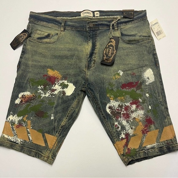 FWRD Denim Men’s Ice Blue Slim Fit Splash Jean Stretch Shorts Sz 40 New - Picture 1 of 7
